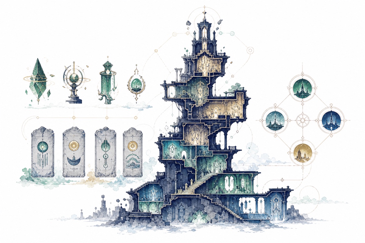 Original editorial illustration of an adventurer in a forest with build-planning motifs